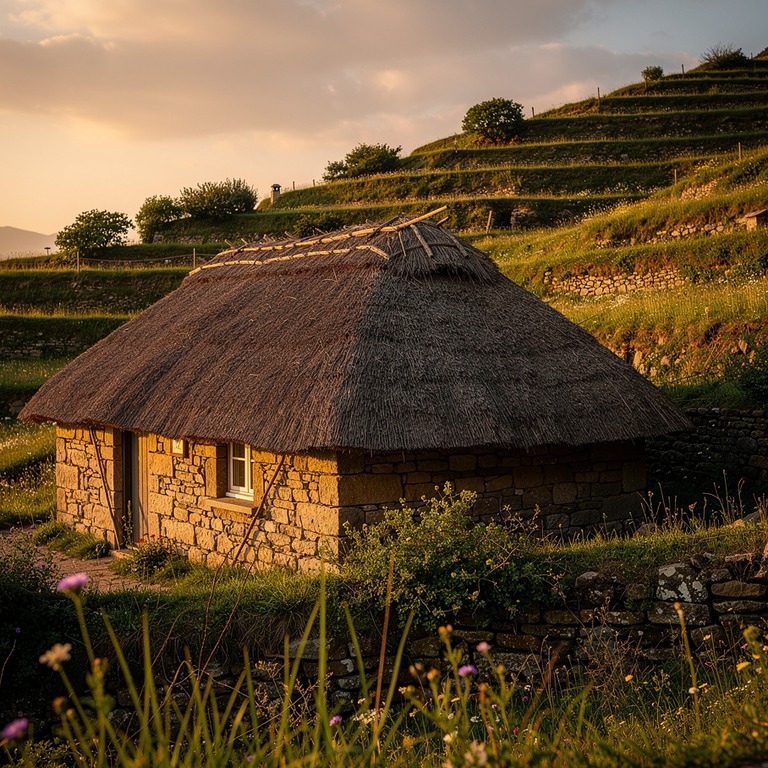 A stone cottage with a thatched roof, nestled among terraced... | ShopAyahuascaRetreats