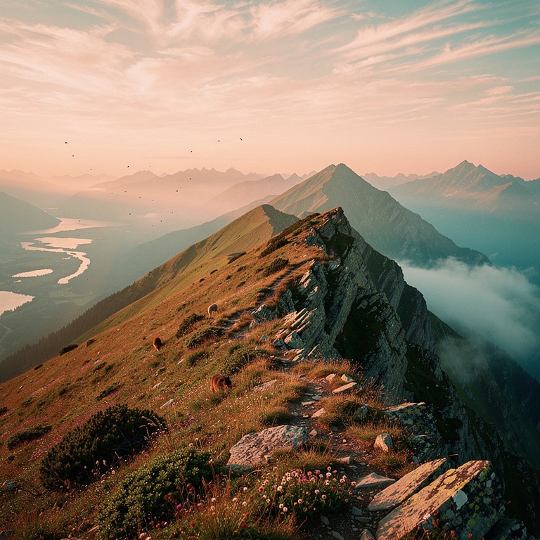 A sunlit mountain ridge at dawn, with misty valleys below an... | ShopAyahuascaRetreats