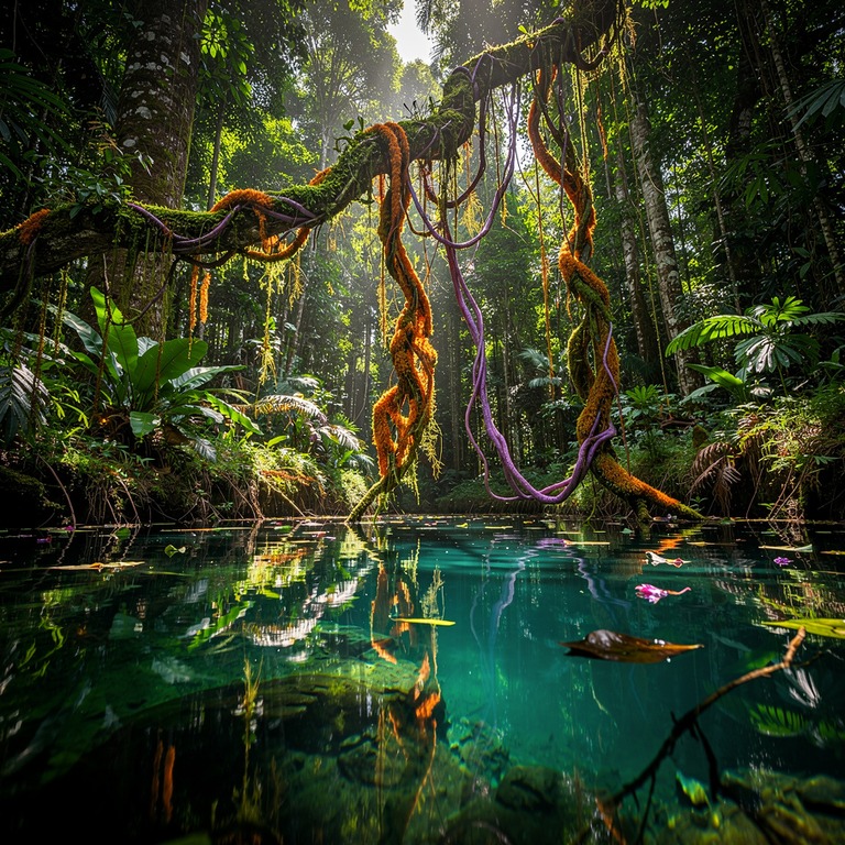 A tranquil forest pool reflecting the vibrant colors of a ps... | ShopAyahuascaRetreats