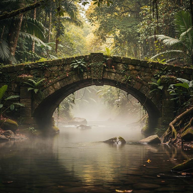Ancient stone bridge over a quiet jungle stream, soft fog | ShopAyahuascaRetreats