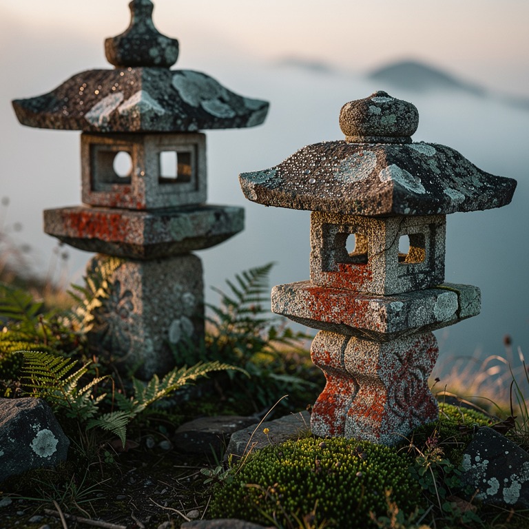 Ancient stone lanterns standing alone on a misty mountain ri... | ShopAyahuascaRetreats