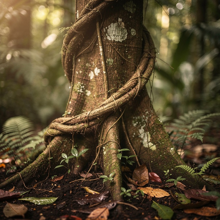 Ayahuasca vine wrapped around an old tree trunk, rainforest ... | ShopAyahuascaRetreats