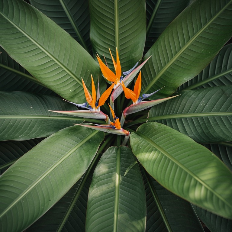 Bird-of-paradise blooms emerging from broad green leaves | ShopAyahuascaRetreats