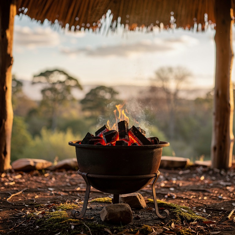 Cast-iron brazier with glowing coals under a thatched roof | ShopAyahuascaRetreats