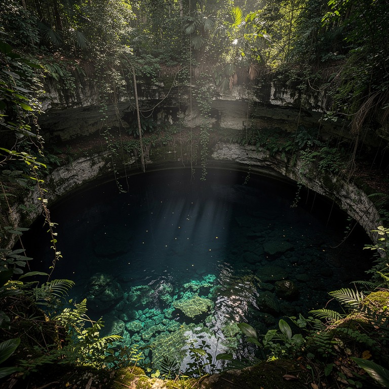Cenote opening in dense jungle, sunlight piercing down to cl... | ShopAyahuascaRetreats