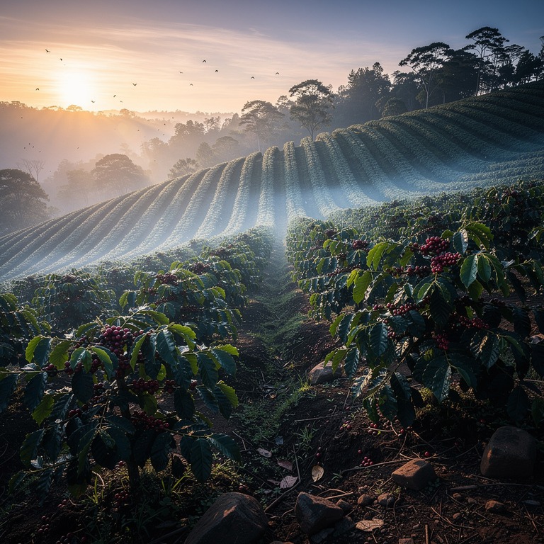 Coffee plantation hillside at dawn, mist between rows of pla... | ShopAyahuascaRetreats