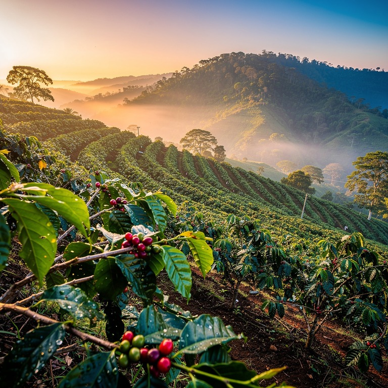 Coffee plantation hillside at dawn, mist between rows of pla... | ShopAyahuascaRetreats