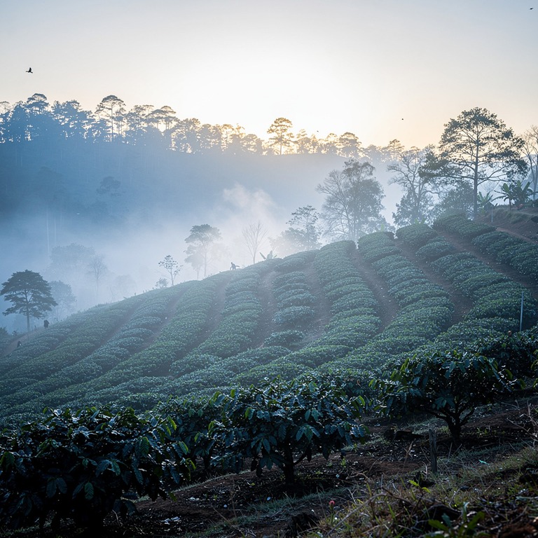 Coffee plantation hillside at dawn, mist between rows of pla... | ShopAyahuascaRetreats