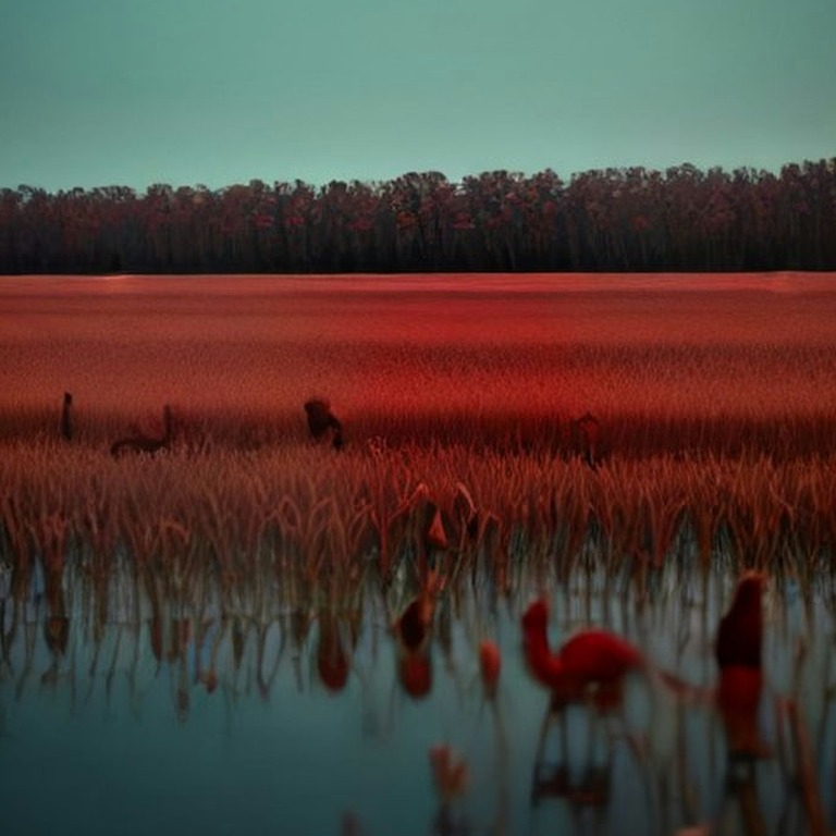 Flock of scarlet ibises taking off from a marshland | ShopAyahuascaRetreats