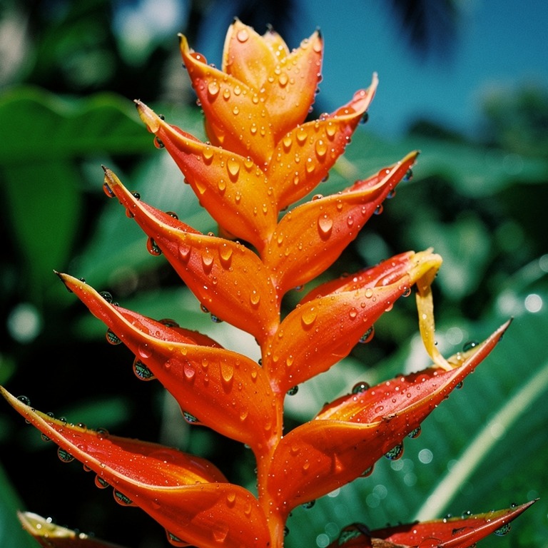 Heliconia flowers in vivid orange-red, dripping with rain | ShopAyahuascaRetreats