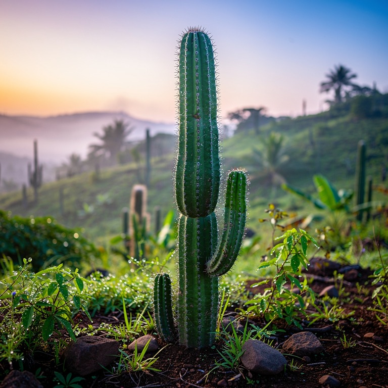 In the stillness of a misty dawn, a San Pedro cactus stands ... | ShopAyahuascaRetreats