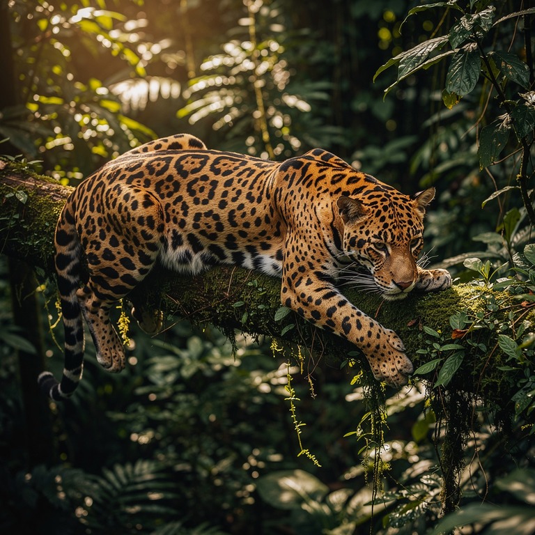 Jaguar resting on a jungle branch, dappled light on spotted ... | ShopAyahuascaRetreats