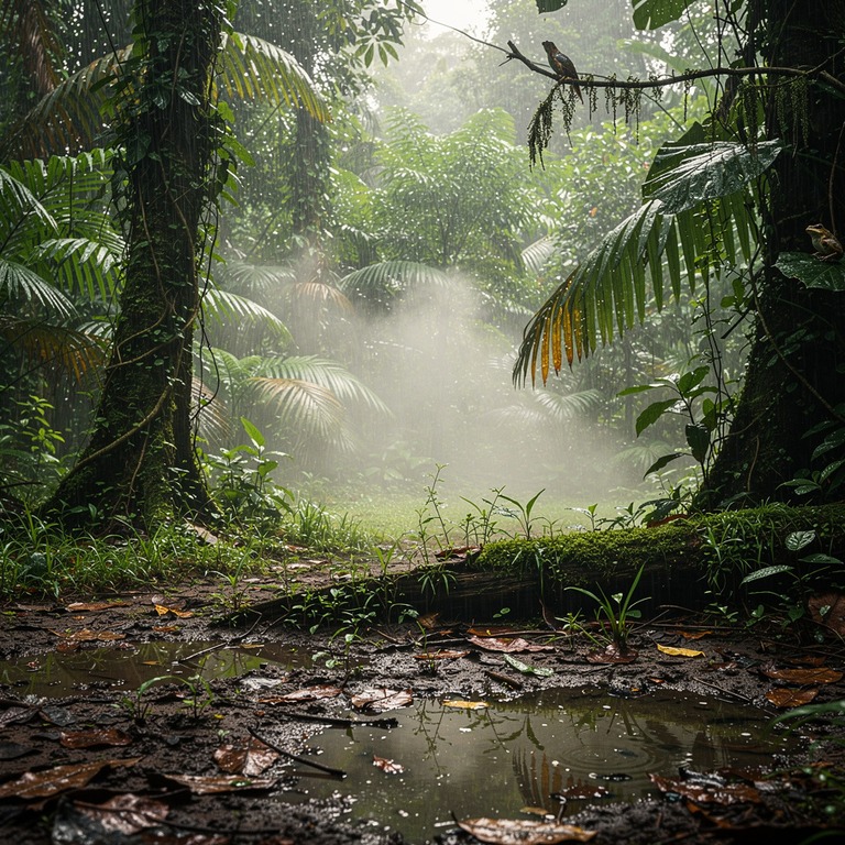Jungle clearing after heavy rain, steam rising from leaf lit... | ShopAyahuascaRetreats