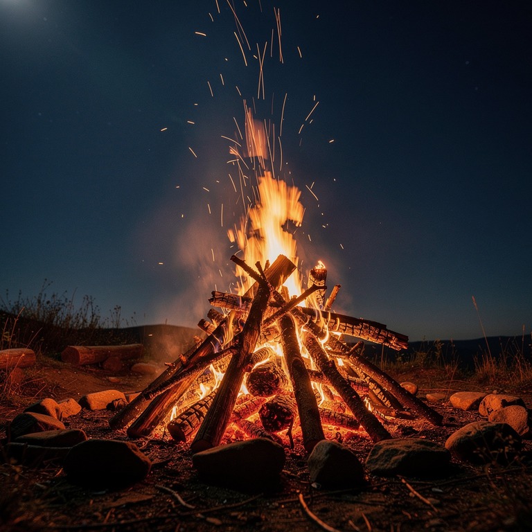 Large bonfire burning at night, orange embers rising into da... | ShopAyahuascaRetreats