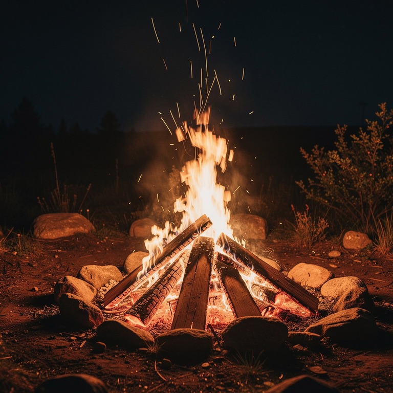 Large bonfire burning at night, orange embers rising into da... | ShopAyahuascaRetreats