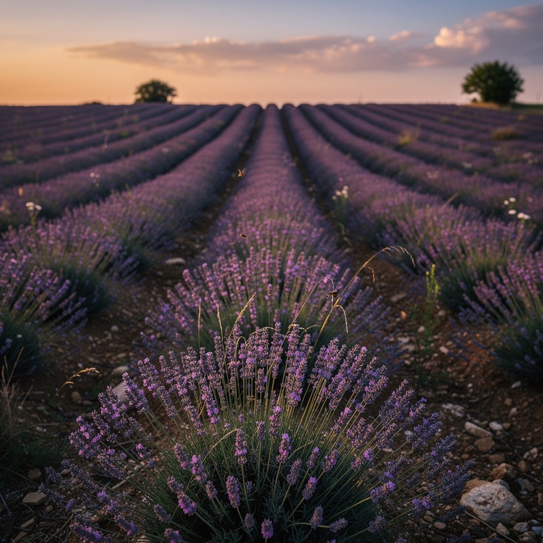 Lavender field at dusk, rows fading into soft purple haze | ShopAyahuascaRetreats