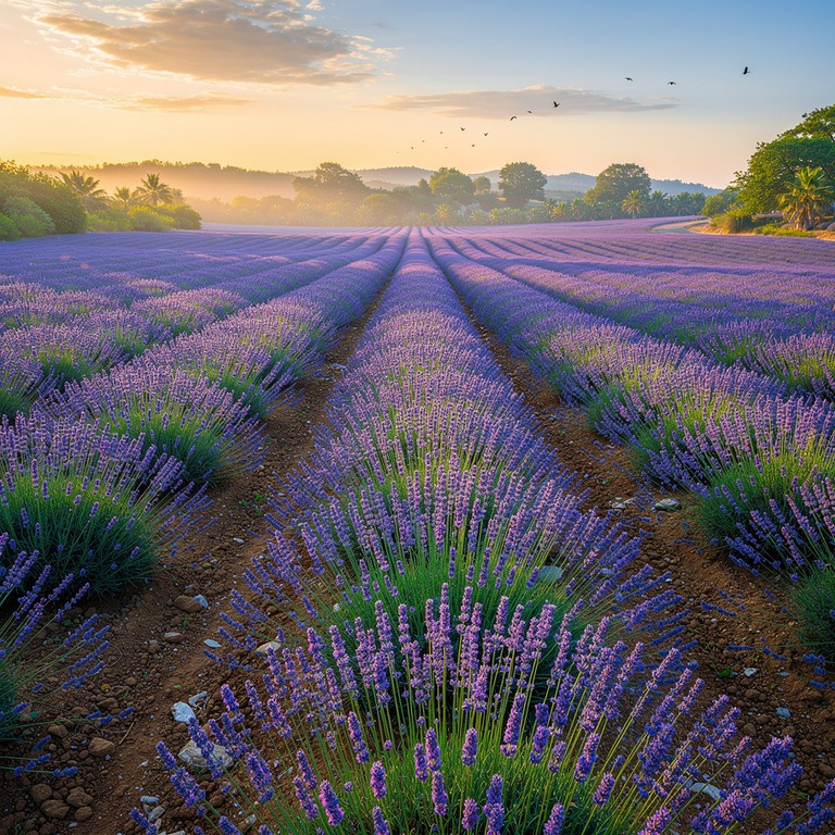 Lavender field at dusk, rows fading into soft purple haze | ShopAyahuascaRetreats
