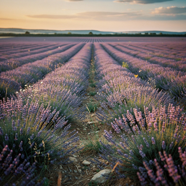 Lavender field at dusk, rows fading into soft purple haze | ShopAyahuascaRetreats