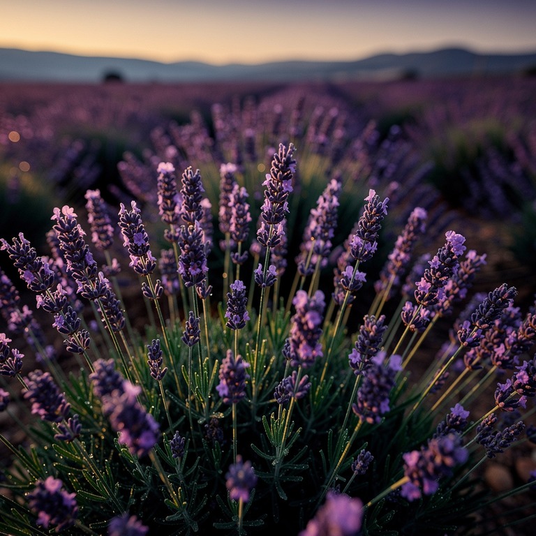 Lavender field at dusk, rows fading into soft purple haze | ShopAyahuascaRetreats