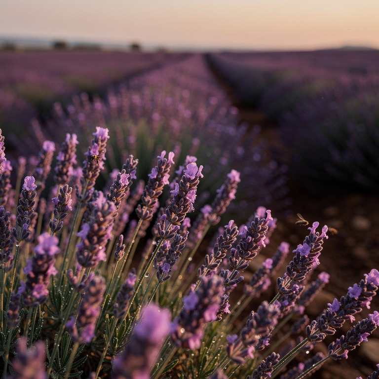 Lavender field at dusk, rows fading into soft purple haze | ShopAyahuascaRetreats