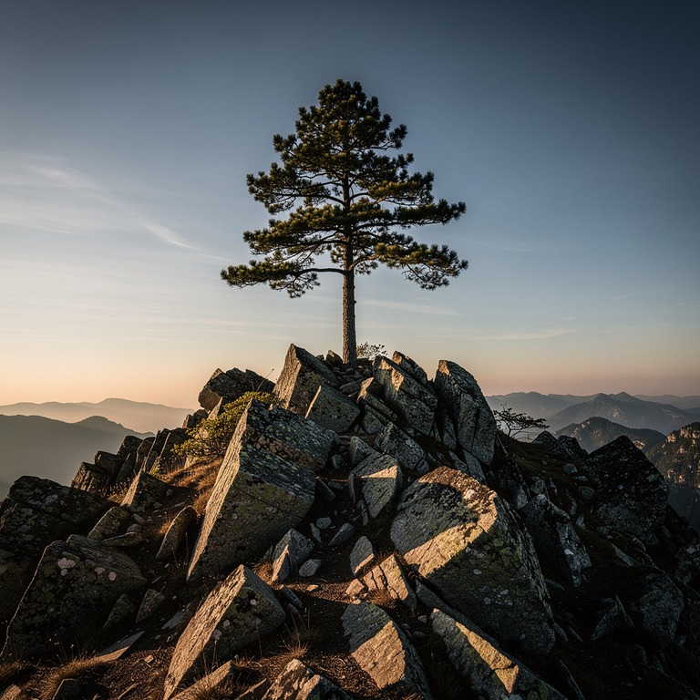Lone pine tree silhouetted on a rocky mountain crest | ShopAyahuascaRetreats