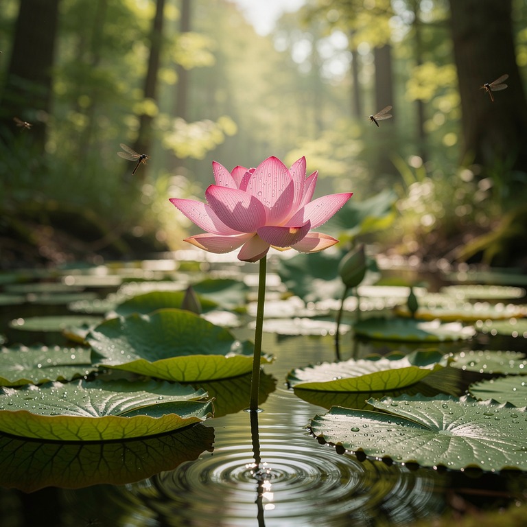Lotus blossom rising above lily pads in a forest pond | ShopAyahuascaRetreats