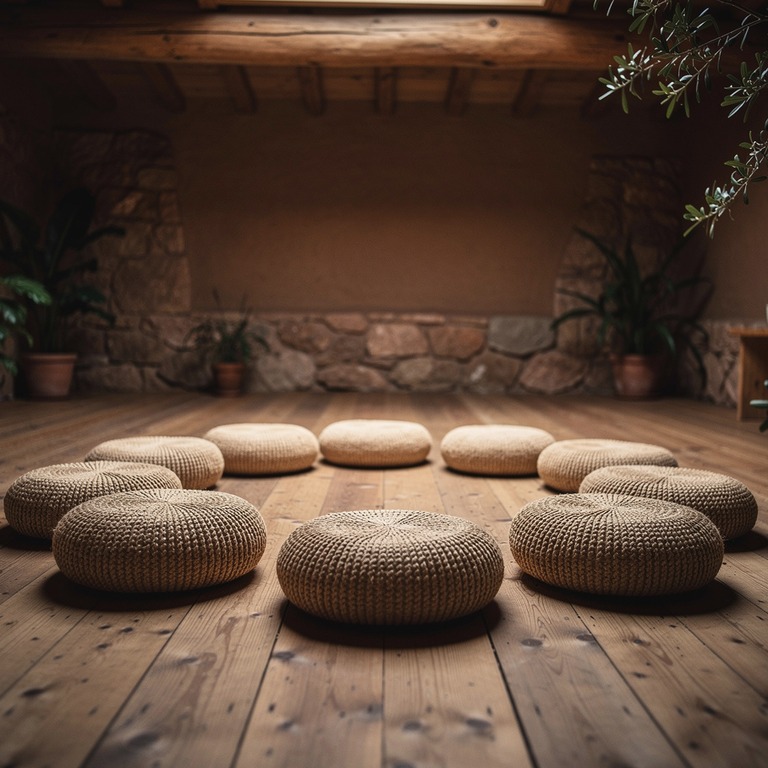 Meditation cushions arranged in a circle on a wooden floor | ShopAyahuascaRetreats