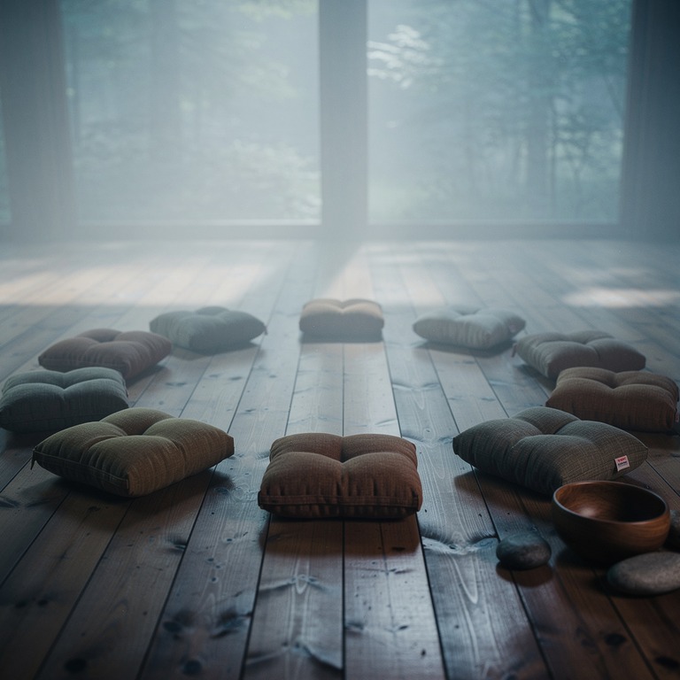 Meditation cushions arranged in a circle on a wooden floor | ShopAyahuascaRetreats
