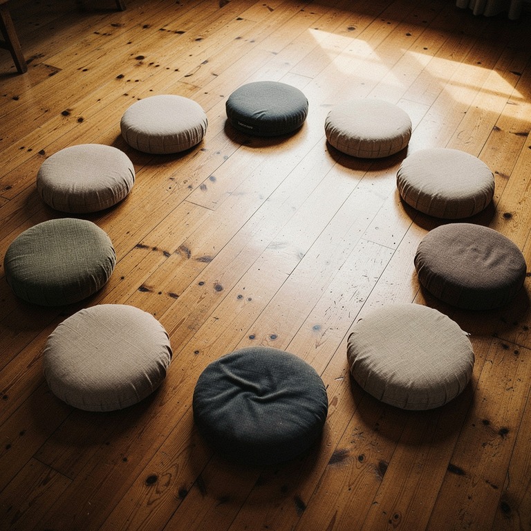 Meditation cushions arranged in a circle on a wooden floor | ShopAyahuascaRetreats