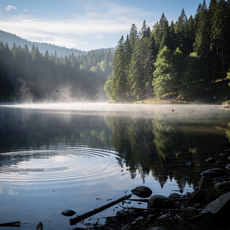 Mist rising from a calm lake, forest reflected in still wate... | ShopAyahuascaRetreats