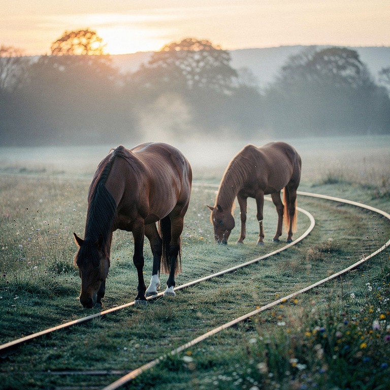 Pair of horses grazing in a misty meadow at dawn | ShopAyahuascaRetreats