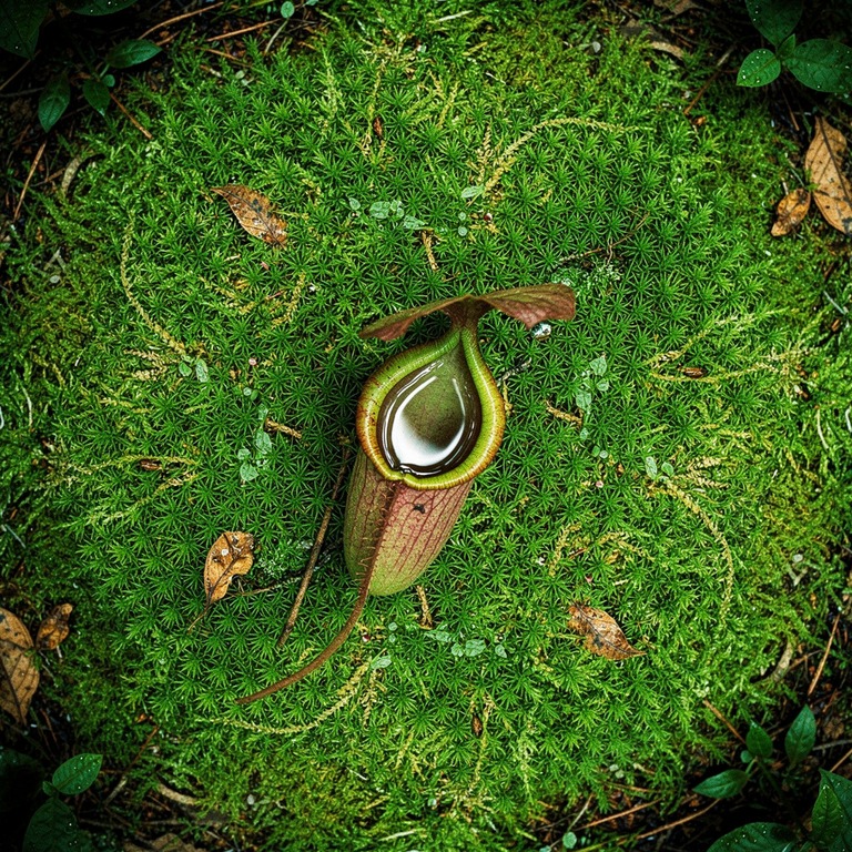 Pitcher plant nestled in moss, water collected inside the cu... | ShopAyahuascaRetreats