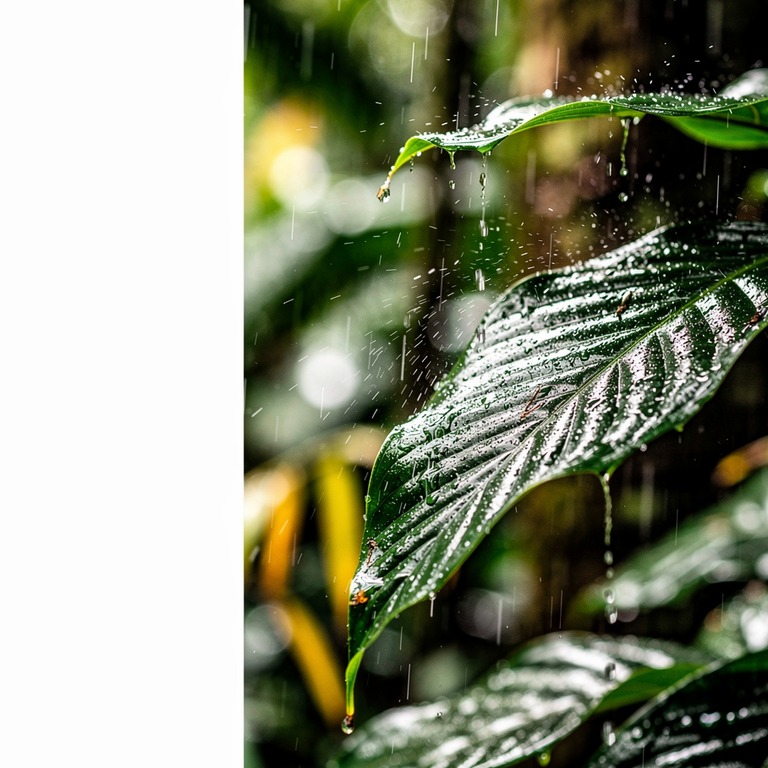Rain hitting broad tropical leaves, droplets bouncing | ShopAyahuascaRetreats