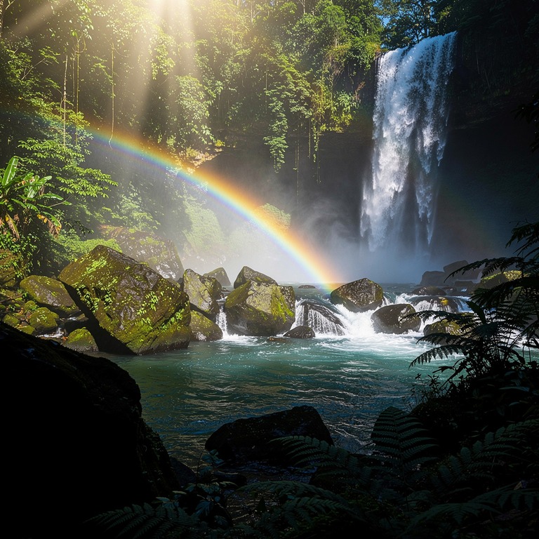 Rays of sunlight filter through a waterfall, casting a rainb... | ShopAyahuascaRetreats