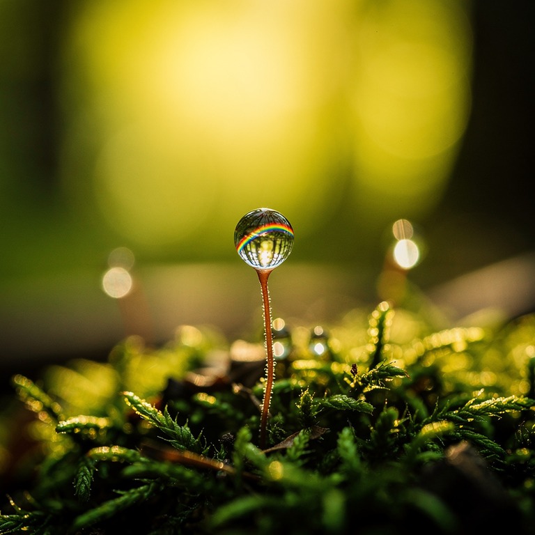 Single drop of dew on a moss tip, refracted rainbow inside | ShopAyahuascaRetreats