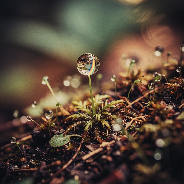 Single drop of dew on a moss tip, refracted rainbow inside | ShopAyahuascaRetreats