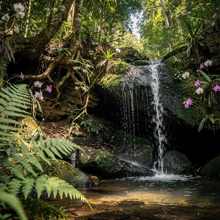 Small waterfall hidden in jungle, framed by ferns and orchid... | ShopAyahuascaRetreats