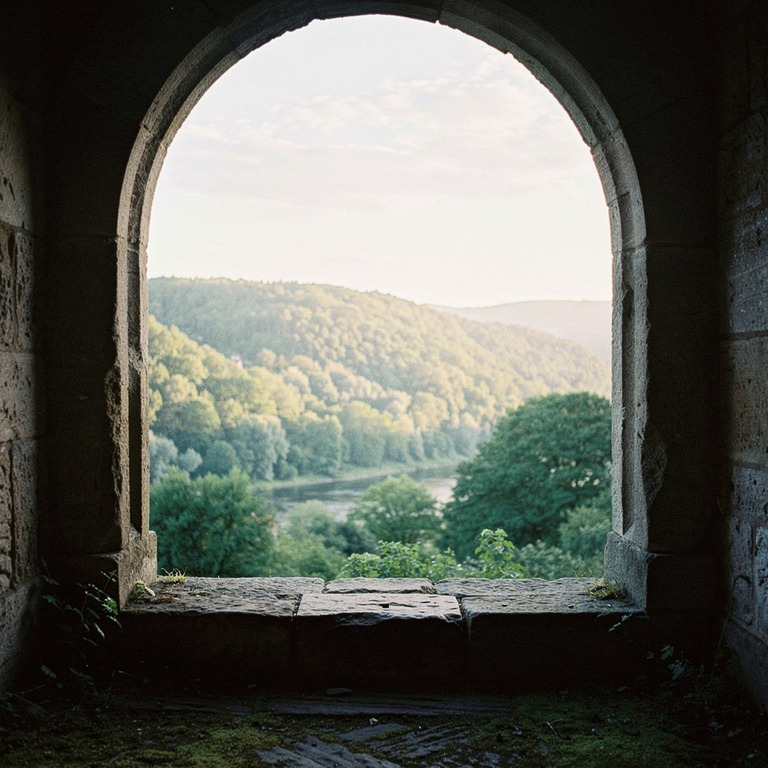 Stone monastery window looking out onto a green forested val... | ShopAyahuascaRetreats