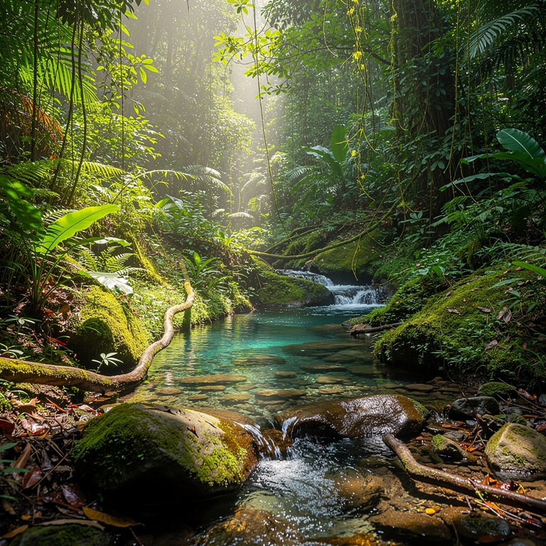 Stream curving through a moss-covered jungle floor | ShopAyahuascaRetreats