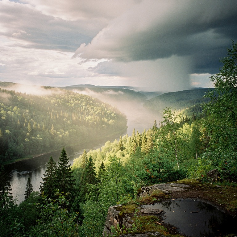 Sun shafts breaking through storm clouds over a forested val... | ShopAyahuascaRetreats