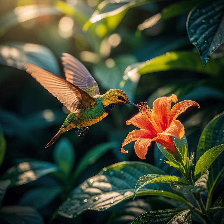 Sunbird hovering by a tropical flower, wings caught in motio... | ShopAyahuascaRetreats