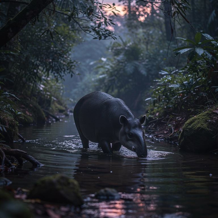 Tapir wading through a forest stream at dusk | ShopAyahuascaRetreats