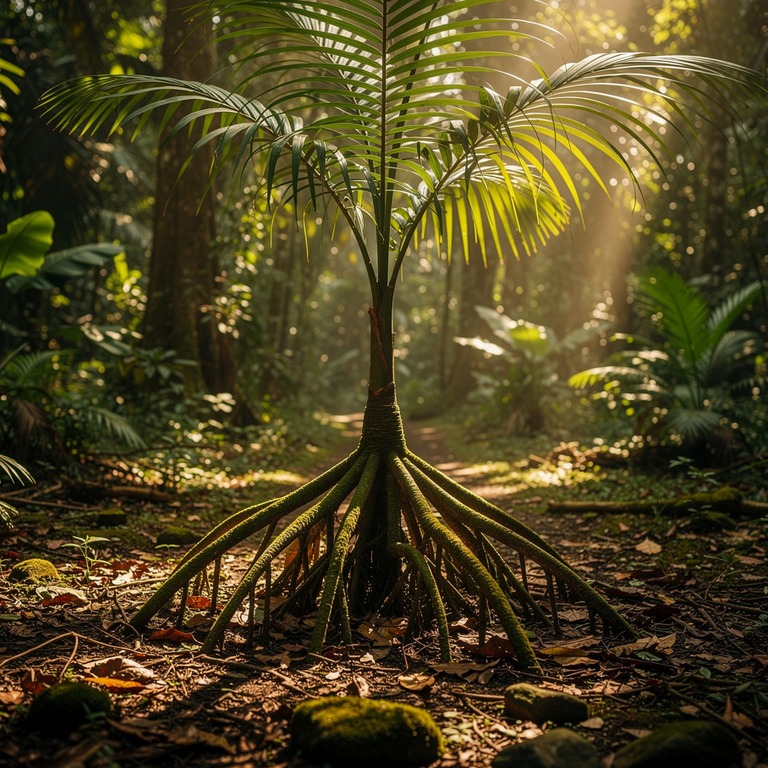Walking palm tree with stilted exposed roots, low jungle lig... | ShopAyahuascaRetreats