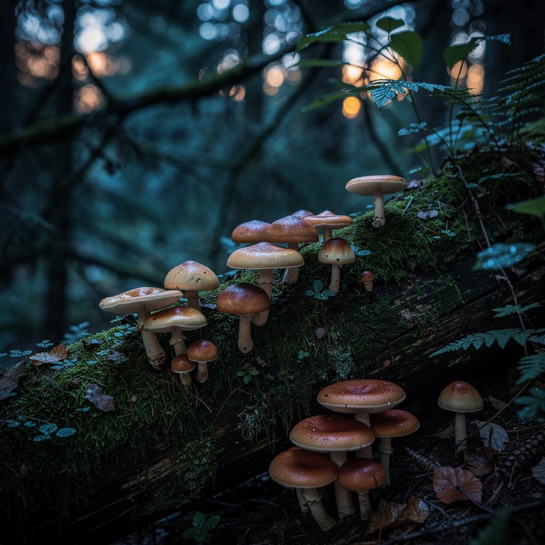 Wild mushrooms scattered on a mossy log, dappled forest ligh... | ShopAyahuascaRetreats