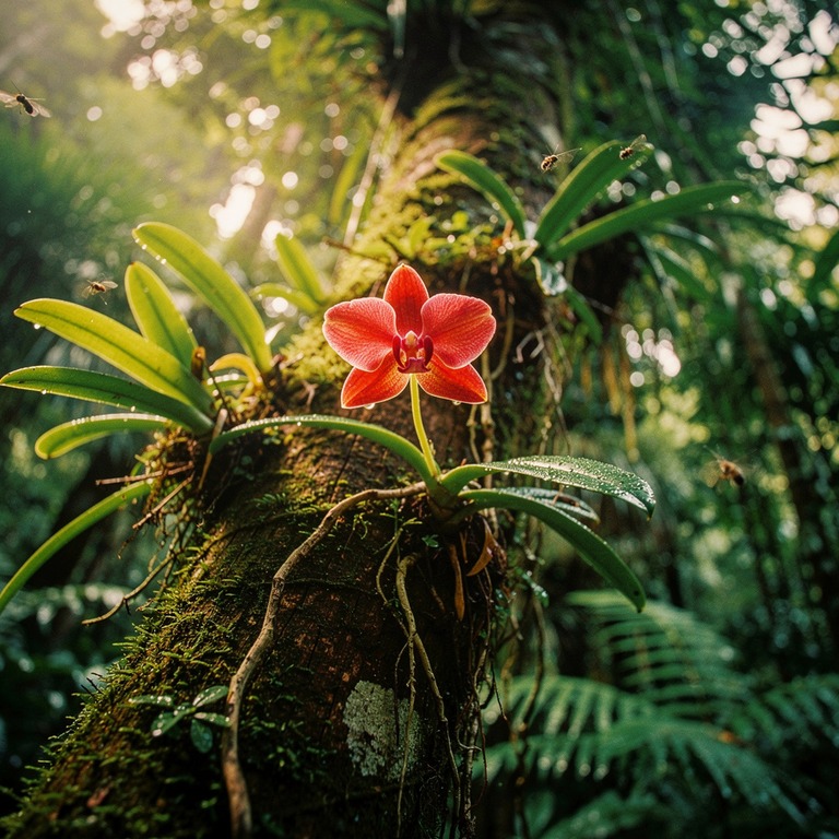 Wild orchid clinging to a moss-covered tree trunk, soft jung... | ShopAyahuascaRetreats