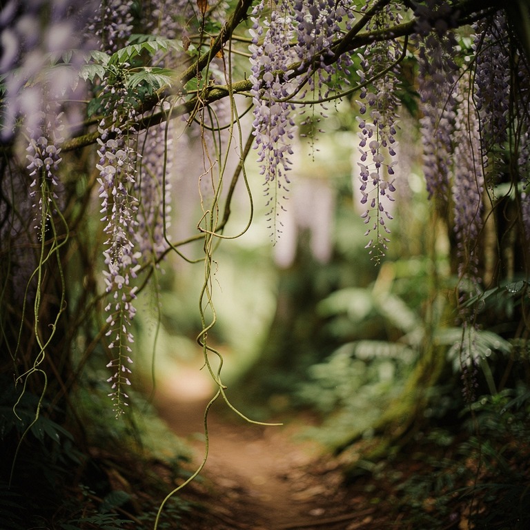 Wisteria vines hanging in heavy purple curtains over a jungl... | ShopAyahuascaRetreats
