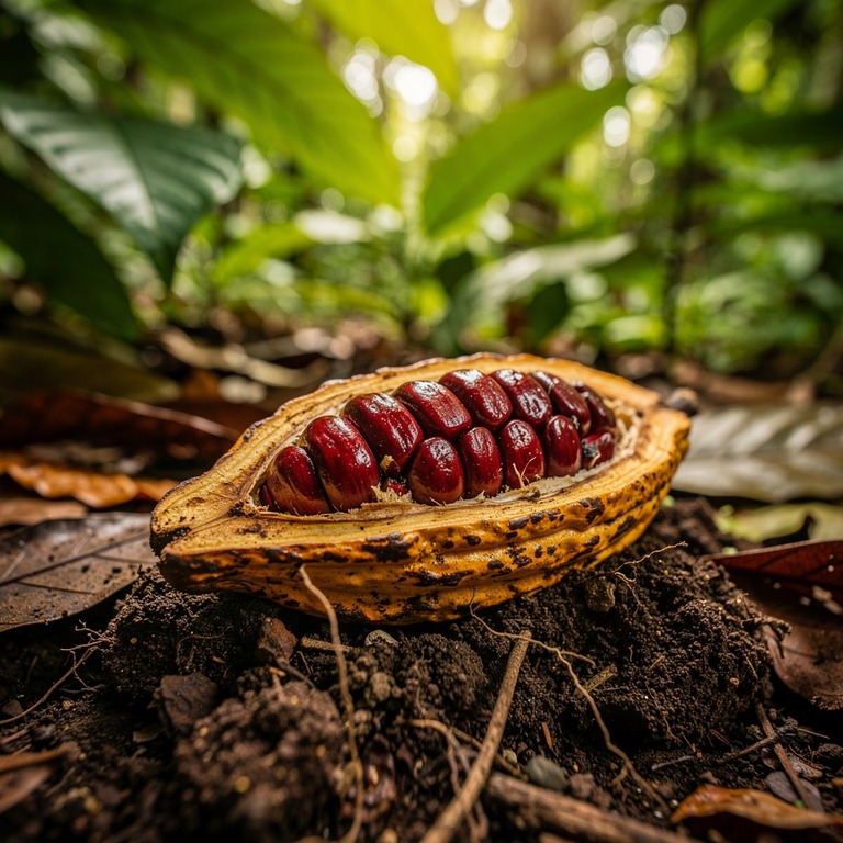 A close-up of a cacao pod, split open to reveal its vibrant,... | ShopAyahuascaRetreats