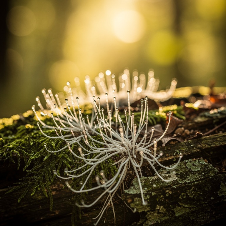 A close-up of a mushroom's mycelium growing on a moss-covere... | ShopAyahuascaRetreats