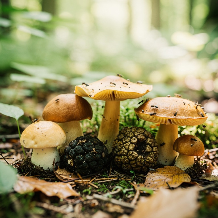 A close-up of a variety of wild mushrooms, including truffle... | ShopAyahuascaRetreats