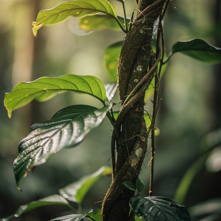 A close-up of a vibrant ayahuasca vine, with its large leave... | ShopAyahuascaRetreats